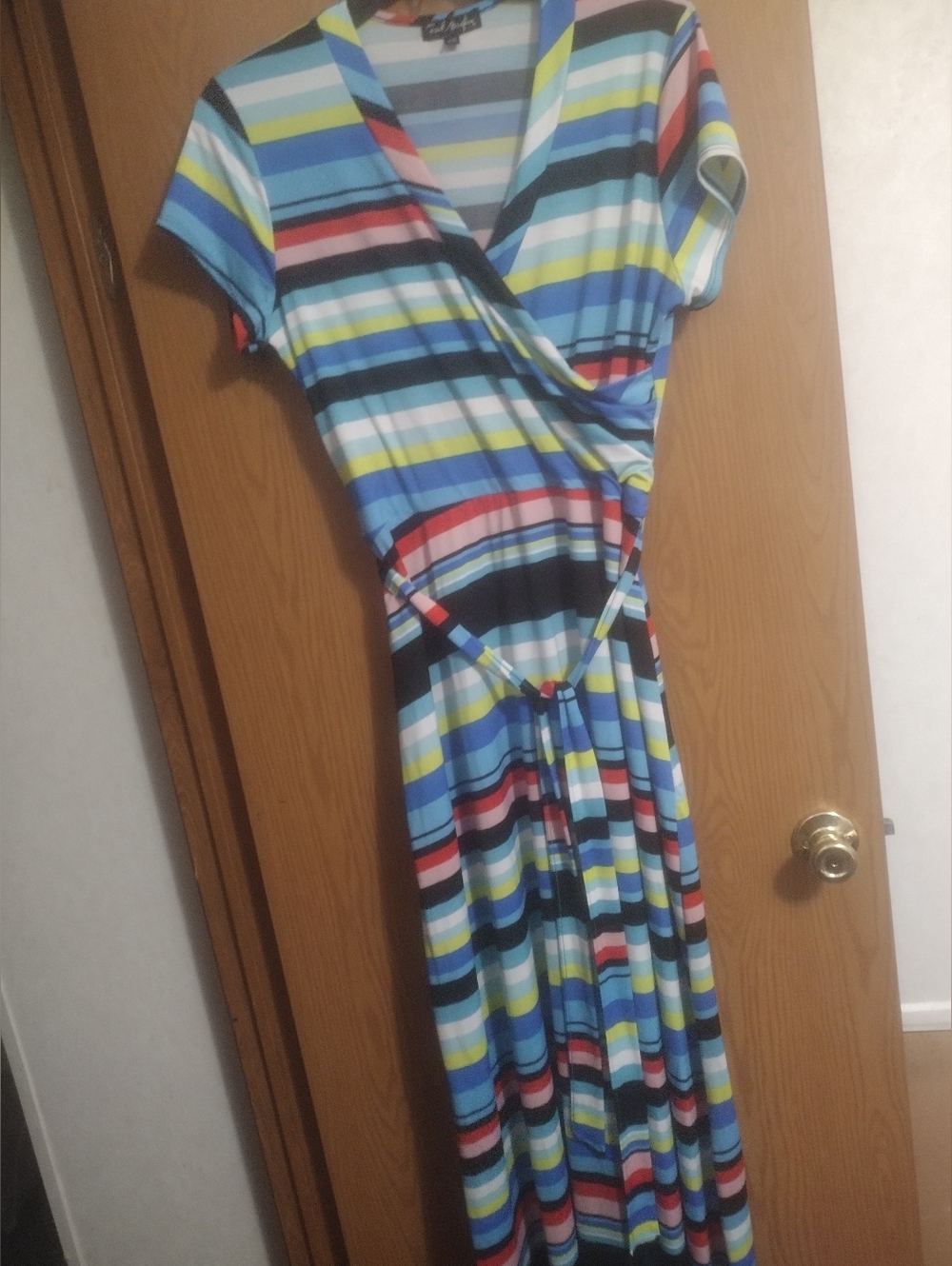 French Atmosphere Blue Multi-Stripe Wrap Maxi Dress